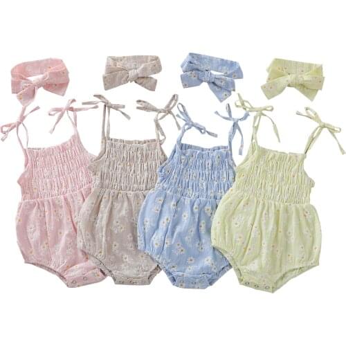 FOCUSNORM 4 Colors Lovely Baby Girls Rompers Headband 2pcs Sunflowers Printed Sleeveless Belt Jumpsuits 0-24M