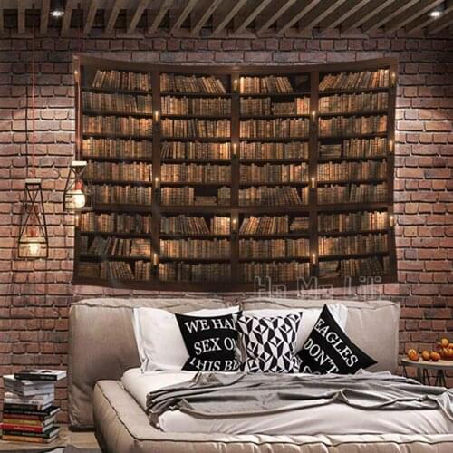 Tapestry Vintage Library Funny Bookshelf Cool Curtains For Dorm Door Bedroom Living Room Window Decortive Dark Brown