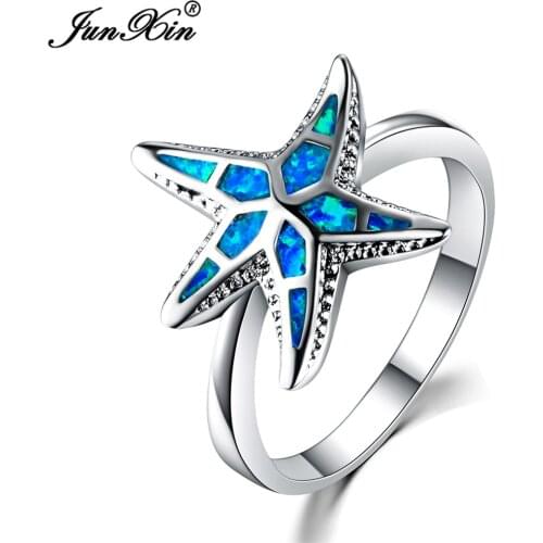 JUNXIN Male Female Blue Fire Opal Stone Ring Fashion Starfish Animal Ring Promise Wedding Engagement Rings For Men And Women