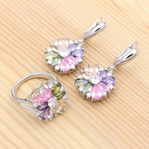 Multicolor Cubic Zirconia Flower 925 Silver Bridal Jewelry Set For Women Wedding Accessories Earrings Ring Set