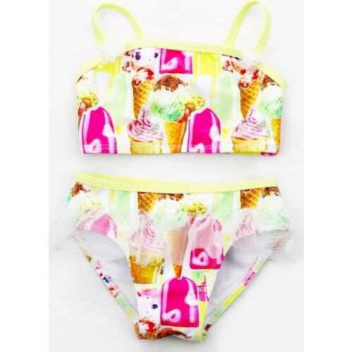 Baby Swimwear Girls 2 Pieces Bikini Set 3-8Y Kids Tankini with Ice Cream Pattern Children Bathing Suit with White Lace