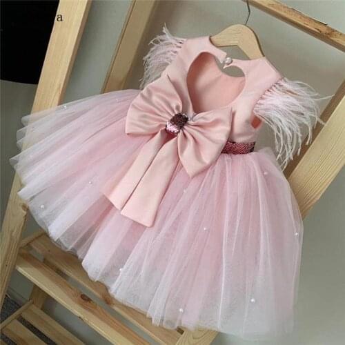 Custom Pink Kids Party Dresses Open Back Big Bow Girl Birthday Dress Knee Length Baby Girl Clothes 2021