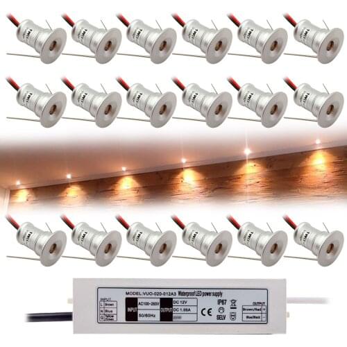 18pcs 1W Mini LED Downlight 12V Spot Light IP65 Stair Cabinet Light 15mm Recessed Bedroom Ceiling Spotlight With Transformer