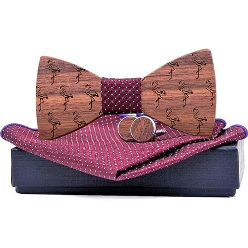 Fashion Handmade wooden Hollow out Flamingo bow tie Distinctive bow tie/Brooch/Broth/Cufflinks for party wedding 1order=1set