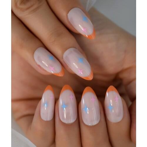 Nude Beige Fake Nails Set With Design Bling Stars Decorated Artificial Nails Short Stiletto False Nails Press On Curved Tips