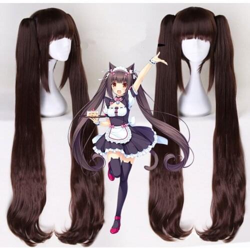 NEKOPARA Chocolat Vanilla Kawaii Long Ponytails Brown Cosplay Wig +Wig cap