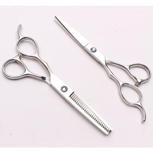 C8000 5.5" Left-Hand Stainless Customized Logo Blue GEM Hairdressing Scissors Cutting Scissors Thinning Shears Hair Scissors Set