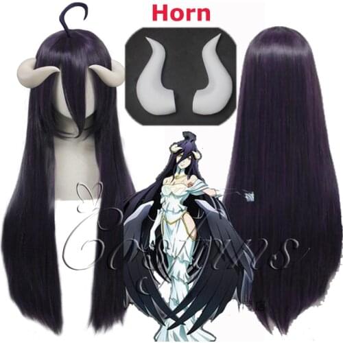 Anime Overlord Albedo Black Purple Long Straight Wig Cosplay Costume Women Synthetic Hair Halloween Party Wig horn Top Quality