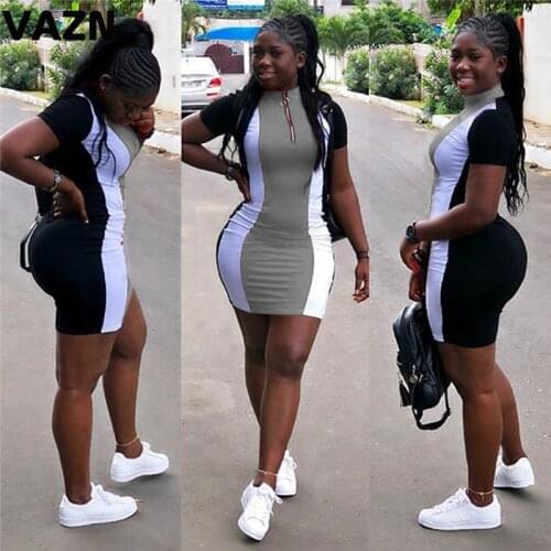 VAZN GYMT 16030 Solid Sexy Dress 2019 Sport Street Wind Slim Short sleeve dress Bandage Bodycon Women Party Night Club Dress