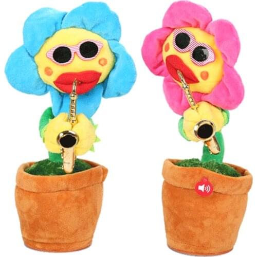 Dancing Sunflower with Sax 35cm Electronic Singing Toy 80 Songs Swinging Plant Pot Wiggling Plush Ornament Gift for Kids NSV