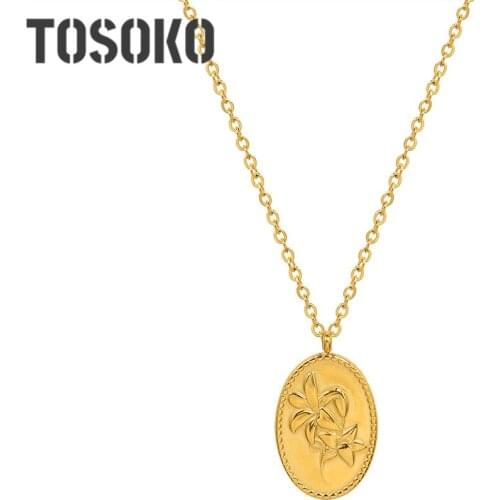 TOSOKO Stainless Steel Jewelry Oval Rose Flower Pendant Necklace Elegant Female Clavicle Chain BSP1066