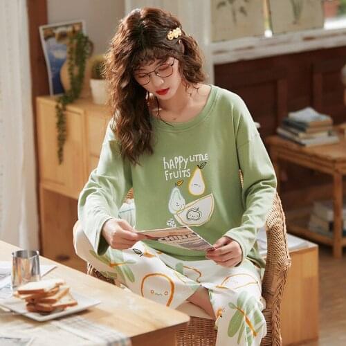 SLPBELY Spring Autumn Pyjamas Women Cartoon Pure Cotton Pajamas Thin Two-Piece Set Round neck Student Pajamas