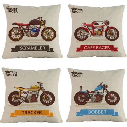 Vintage Racing Moto Old Motorcycle Beige Background Pattern Linen Throw Pillow Case Home Sofa Decorative Cushion Cover 45x45cm