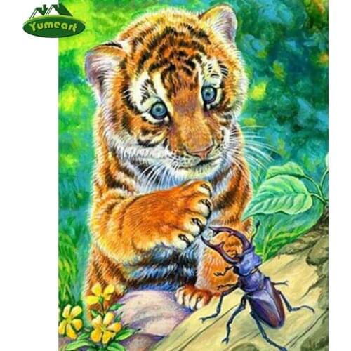 YUMEART Handmade Diamond Embroidery Animals DIY Diamond Painting Tiger and Beetle Animals Full Picture of Rhinestone Home Decor