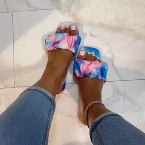 Woman Square Toe Tie Dye Slippers Women Mixed Color Pleated Slides 2021 Flats Female Shoes Ladies Summer Beach Footwear Big Size