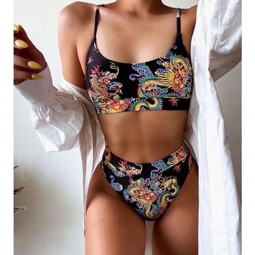 Dragon printed swimsuit female Tie dye high waist bikini set Bandeau sexy bikini Push up swimwear women 2020 Retro bathing suit