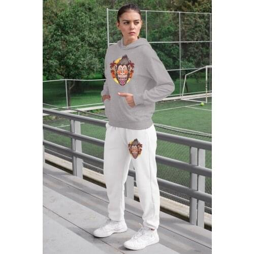 Angemiel Wear Fun Holiday-Makers Chimpanzee Women Tracksuit Set Gray Hooded Sweatshirt White Sweatpants