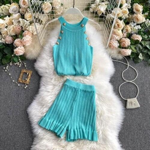 2021 Summer New Sexy Sheath Knitted 2 piece set Button Halter Tank Tops and High waist Wide-leg Shorts Suits Women Knitwear