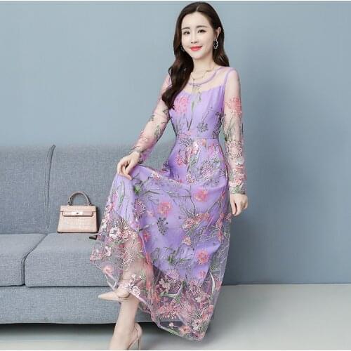 Autumn Winter New Plus Size Vintage Lace Sexy Midi Dress 2021 Korean Floral Women Bodycon Dress Party Runway Mesh Maxi Vestidos