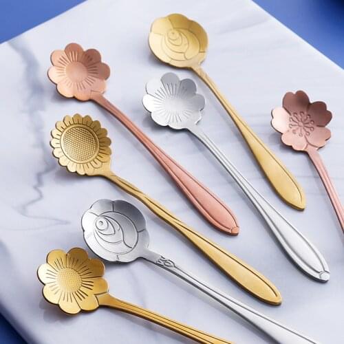 1pcs Creative Japanese Style Sakura Rose Sunflower Design Stainless Steel Gold Color Mixing Dessert Decoration Coffee Tea Spoons