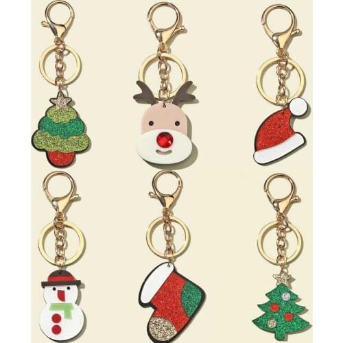 2021 Cute Christmas Keychain for Women Glitter Acrylic Xmas Tree Stocking Deer Key Rings Christmas Gifts Free Shipping