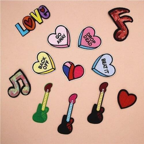 50pcs/lot Love Guitar Note Embroidery Patches Letters Clothing Decoration Accessories Diy Iron Heat Transfer Applique Patch