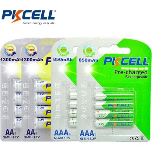 2Pack/8Pcs PKCELL 1.2V AAA Rechargeable Batteries 850mAh + 2Pack/8Pcs AA rechargeable Battery 1.2V Ni-MH 1300mAh Batteries