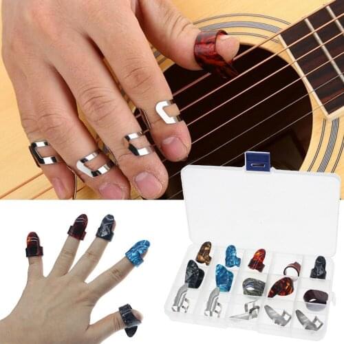 Guitar Accessories Kit ,Including 10pcs Plastic Thumb Finger Picks ,5pcs Metal Finger Picks, with Grid Case Storage