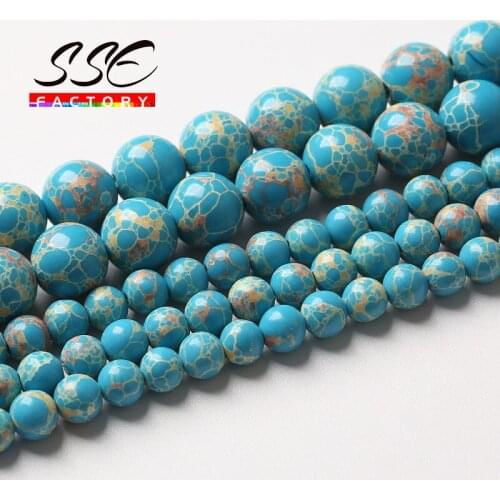 Natural Blue Sea Sediment Turquoises Round Beads for Jewelry Making Imperial Jaspers Beads Diy Charms Bracelet 4/6/8/10/12MM 15"