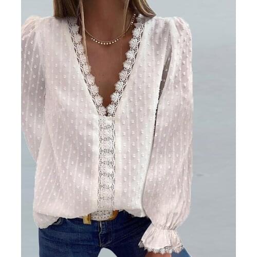 Fashion Embroidery Lace V-Neck Women Chiffon Blouses Elegant Solid Ladies Long Sleeve Shirts Spring Casual All-match Loose Tops