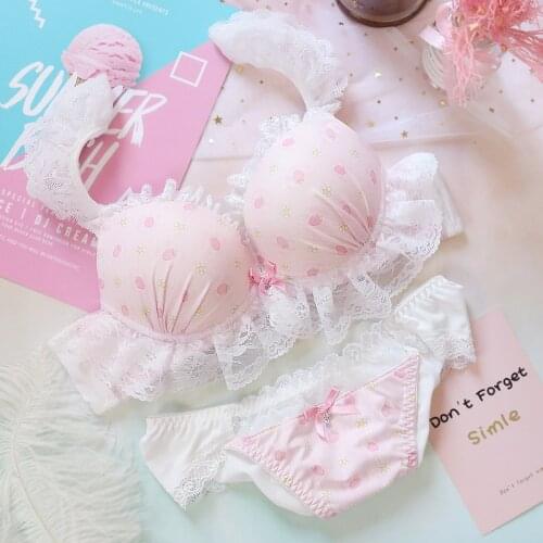 Sweet Lolita Push Up Underwire Ruffles Bra & Panties Set Lingerie Kawaii Strawberry Printed Lace Trim Underwear Set Young Girls