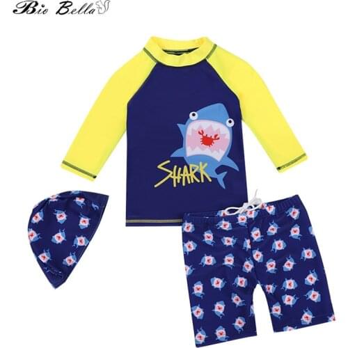 Children Boys Swimming Suit Fashion Cartoon Kids Boy Swimwear Set 3Pcs Tops+Pants+Cap Baby Boys Swimsuit Swimming Bathing Suit