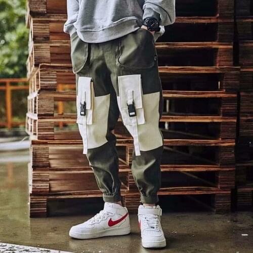 Mens harem pants casual track and field jogging mens Harajuku pants hip-hop multi-pocket overalls mens patchwork streetwear