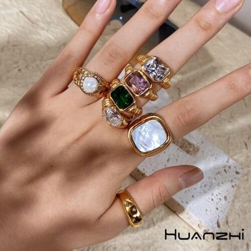 HUANZHI 2021 New Korean Vintage Colorful Stone Flower Geometry Hit Metallic Rings for Women Girls Trendy Jewelry Gifts