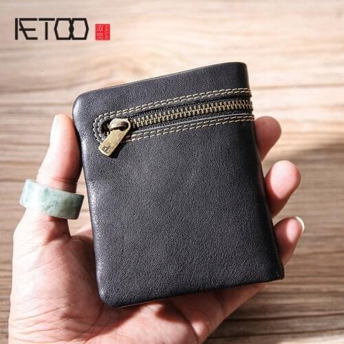 AETOO Leather mens short wallet, soft leather trendy fashion card holder, cowhide handmade mens wallet