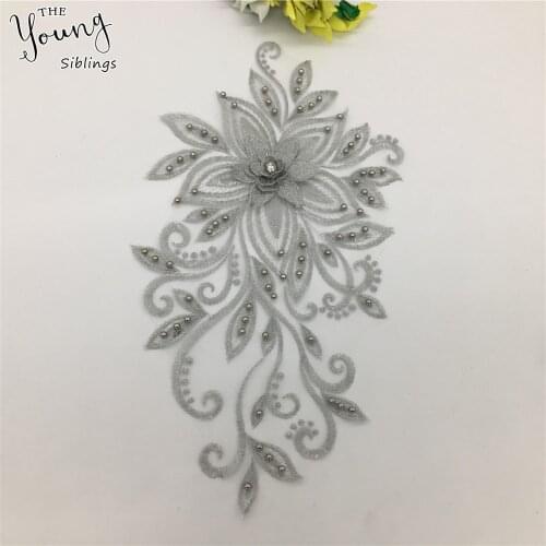 High quality 3D Flower Embroidery ABS pearl DIY Trim Lace Collar Fabric Applique Tulle Neckline Clothing Decoration Accessories
