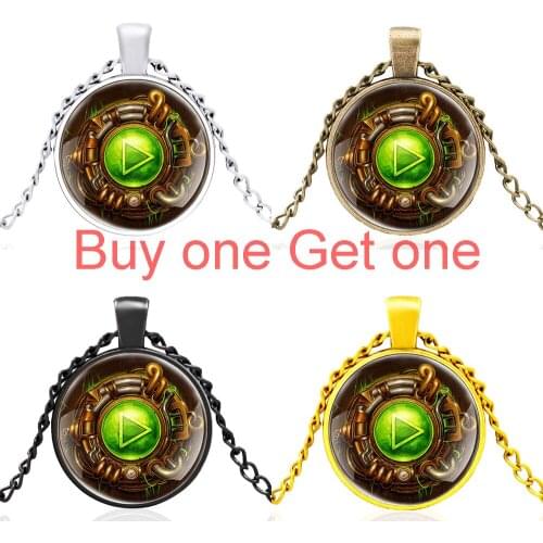 Black Punk Style Pause Button Design Glass Dome Pendant Necklace Men Women Vintage Jewelry Accessories Best Gifts