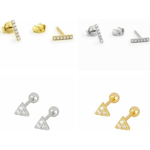 925 Silver Ear Needle Gold Triangle Tiny Mini Piercing Stud Earring for Women Rock Punk Small Spring Summer Mini Party Jewelry