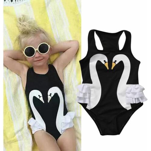 Toddler Kids Girls Cute Elegant White Swan Black One-Piece Swimsuits Beach Bathing Wear Bodysuits