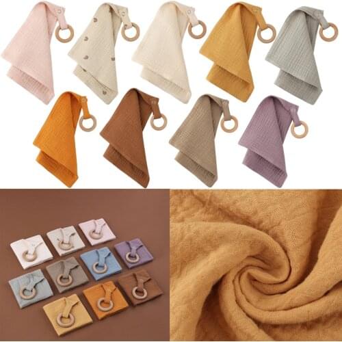 Soft Cotton Baby Bibs Solid Colour Baby Soothe Appease Towel Burp Cloth With Wood Teether Ring Newborn Snap Button Cuddle Cloth