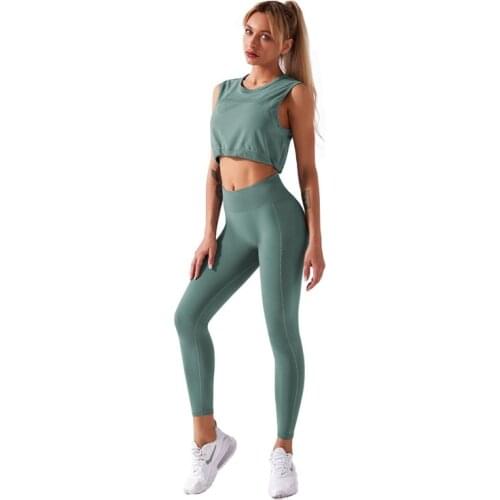 Running Yoga Set 2020 New Quick-Drying Seamless Sports Set Women Drawstring Sleeveless Tank Top+High Waist Elastic Tight Legging