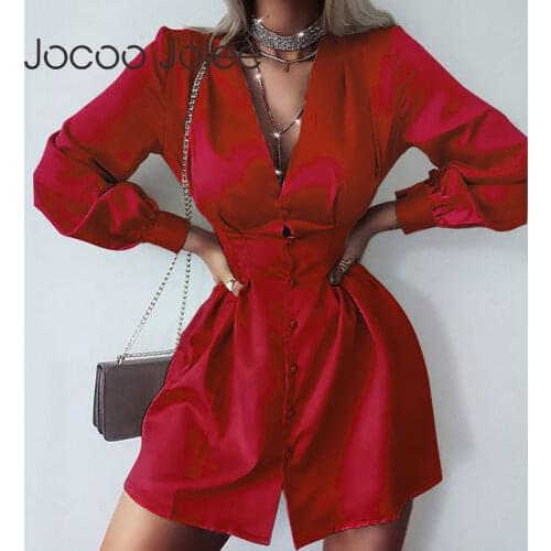 Jocoo Jolee 2020 New Europe V Neck Solid Office Lady Buttons Mini Dress Elegant Slim Shirt Dress Long Sleeve Party Dress Vestido