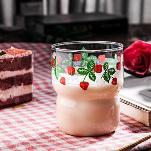 Transparent Strawberry Printing Glass Cup High Borosilicate Heat-resistant Glass Water Milk Cup Tea Cup Drinkware for Home