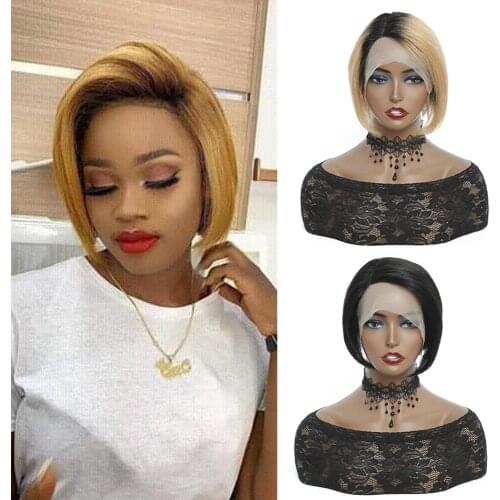 Ombre Straight Short Human Hair Lace Front Wigs 13x1 HD Transpare Human Hair Wigs For Black Women L Part Lace Wig 180