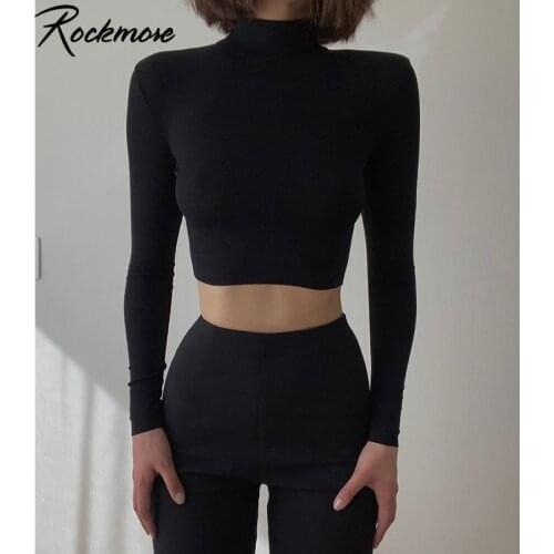Rockmore Turtleneck Ribbed Bottoming Top Casual T-Shirt Women Long Sleeves Crop Tops Sexy Simple Style Party Club 2020 Spring