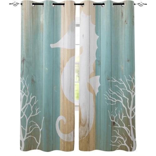 Marine Life Pattern Wooden Sea Horse Silhouette Blackout Curtains Bedroom Blinds Drapes Window Curtains For Living Room