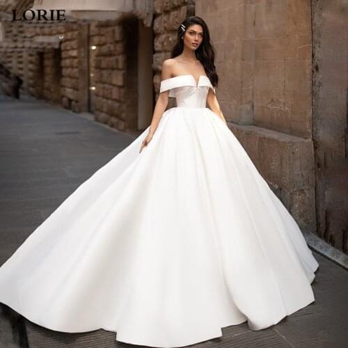 LORIE Princess Wedding Dresses Satin Elegant Off The Shoulder Wedding Bride Dresses With Buttons White Ivory Wedding Ball Gown
