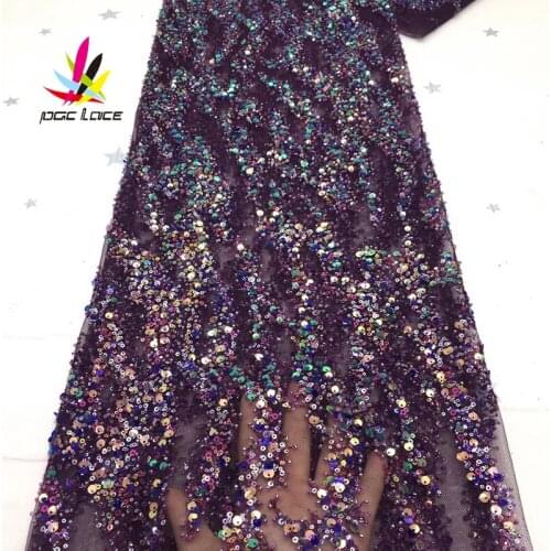 Beads Sequence Tulle Fabric Embroidery French Lace Handmade Beaded Luxury Fabric Sequins Mesh African Wedding Material XZ2896
