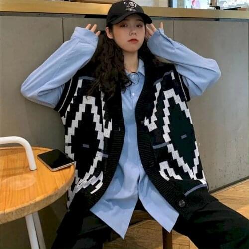 Retro V-neck Knitted Vest Autumn And Winter New Style Female Student Cardigan All-match Jacket Frayed Sweater Punk Oversized