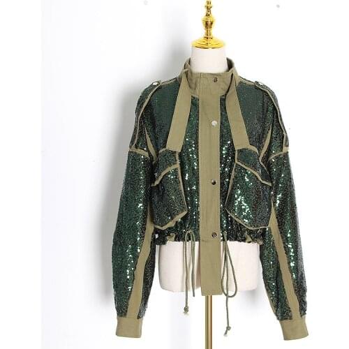Womens Long Sleeve Jacket Spring 2021 Jacket Fashion Casual Symmetrical Pocket Sequins Jacket